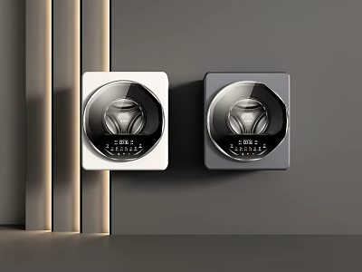 Two Built in Modern Washing Machines With Circular Control Panels in White and Gray 3d model