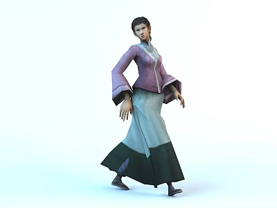 Traditional Female Character In Purple Green Costume With Long Sleeves Long Skirt Standing Pose 3d model