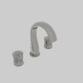 Modern Chrome Bathroom Faucet Featuring Elegant Curved Spout And Decorative Handles Design