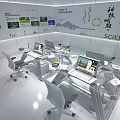 Modern Office Desk Setup With Laptops Office Chairs And Science Themed Wall Decorations