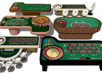 Various Casino Entertainment Tables With Roulette Poker And Green Felt Surfaces 3d model