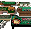 Various Casino Entertainment Tables With Roulette Poker And Green Felt Surfaces