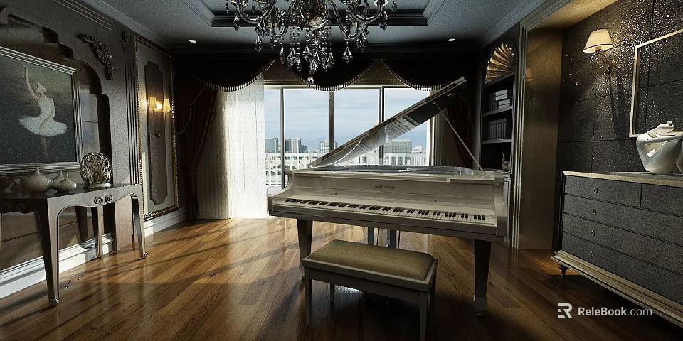Luxurious Piano Room With White Grand Piano Upholstered Bench Large Windows And City View 3d model 