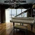 Luxurious Piano Room With White Grand Piano Upholstered Bench Large Windows And City View