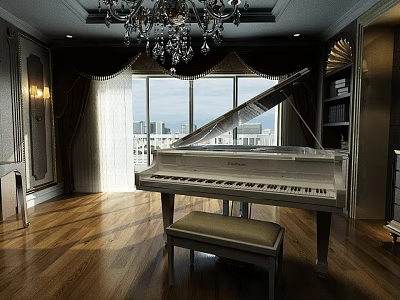 Luxurious Piano Room With White Grand Piano Upholstered Bench Large Windows And City View 3d model