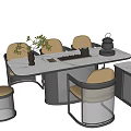 Modern Tea Table and Chairs with Stools Comfortable Seats and Tea Set Decor 3d model