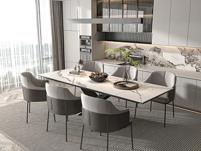 Modern Dining Table Set With Marble Top Grey Chairs Green Plant And Natural Light 3d model
