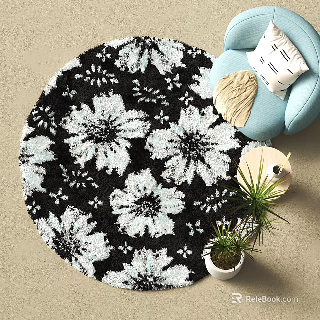 Round Black and White Floral Pattern Carpet in Living Room with Blue Chair Potted Plant 3d model 