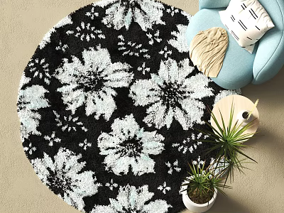 Round Black and White Floral Pattern Carpet in Living Room with Blue Chair Potted Plant 3d model