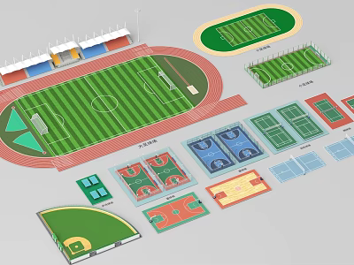 Football Field With Running Track Surrounding Stands Green Turf And Sports Areas 3d model