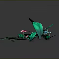 Colorful Plant Arrangement With Green Leaves Lily Pad Like Leaves Pink And Blue Small Flowers