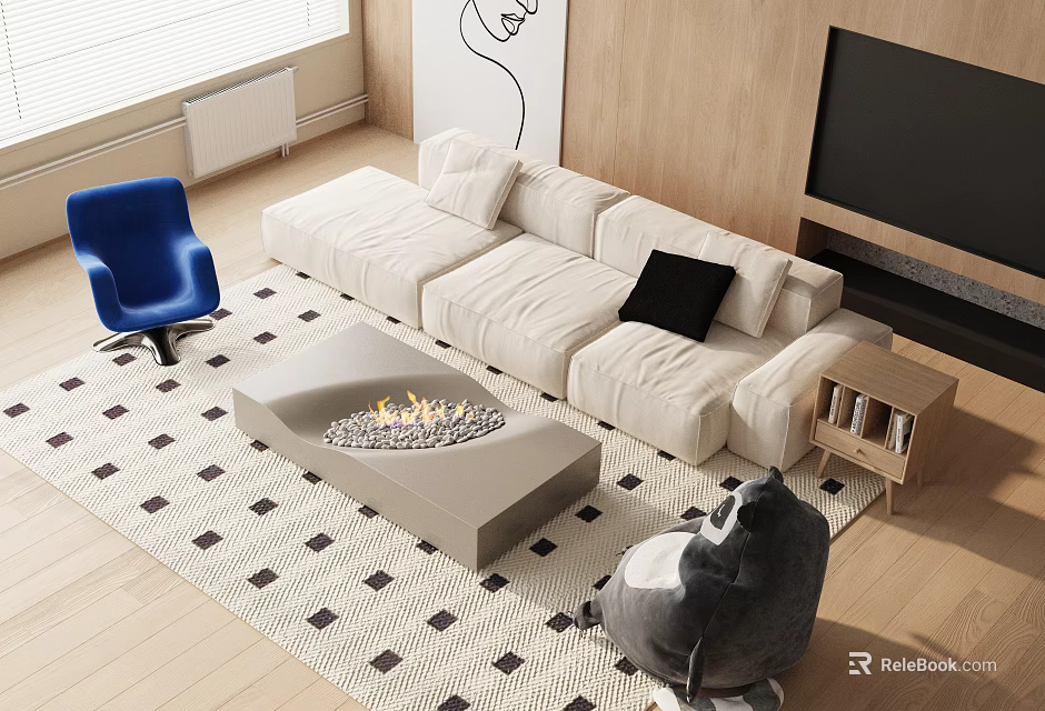 Modern White L Shaped Sofa and Fire Pit Coffee Table Set with Blue Chair Gray Bean Bag in Living Room Checkerboard Rug 3d model 