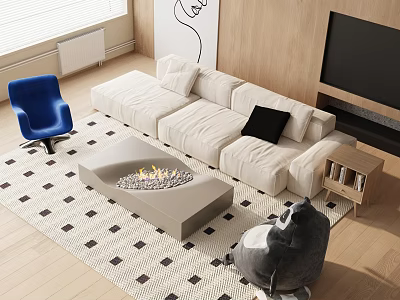 Modern White L Shaped Sofa and Fire Pit Coffee Table Set with Blue Chair Gray Bean Bag in Living Room Checkerboard Rug 3d model