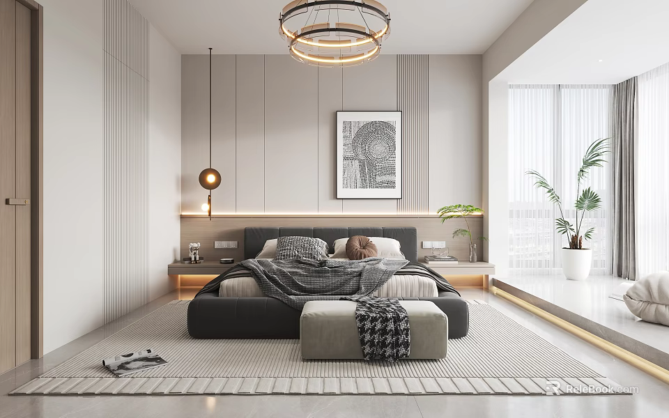Modern Bedroom Interior Design Featuring Bed Chandelier Decorative Painting Area Rug And Plants 3d model 