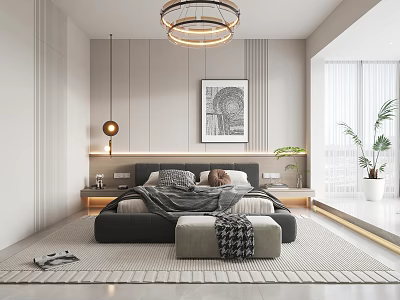 Modern Bedroom Interior Design Featuring Bed Chandelier Decorative Painting Area Rug And Plants 3d model