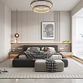 Modern Bedroom Interior Design Featuring Bed Chandelier Decorative Painting Area Rug And Plants