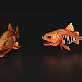 Two Orange Fish 3D Models With Sharp Teeth And Skeletal Structure On Black Reflective Background 3d model