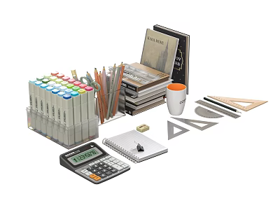 Notebook on Study Desk with Calculator Colored Markers Pencils Rulers and Mug 3d model