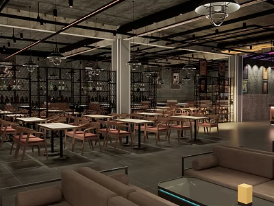 Modern Restaurant Interior With Wooden Tables Leather Chairs And Hanging Lights 3d model