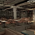 Modern Restaurant Interior With Wooden Tables Leather Chairs And Hanging Lights