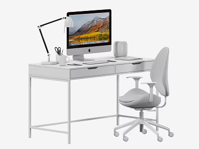 Modern White Office Desk With Computer Monitor Desk Lamp And Office Chair 3d model