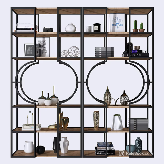 Modern Geometric Display Shelf With Vases Books Decorations And Small Plants 3d model 