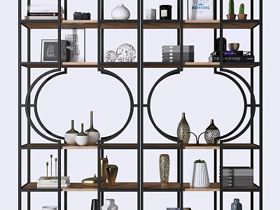 Modern Geometric Display Shelf With Vases Books Decorations And Small Plants 3d model