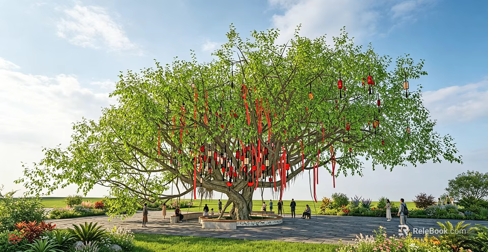 Tall Tree With Lush Green Leaves Red Ribbons Colorful Square Decorations And People Gathering Around 3d model 