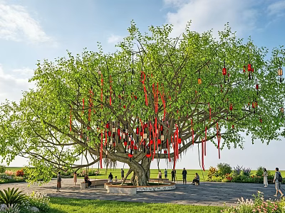 Tall Tree With Lush Green Leaves Red Ribbons Colorful Square Decorations And People Gathering Around 3d model