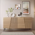Modern Light Wood Sideboard with Geometric Patterns Green Plant and Abstract Wall Art