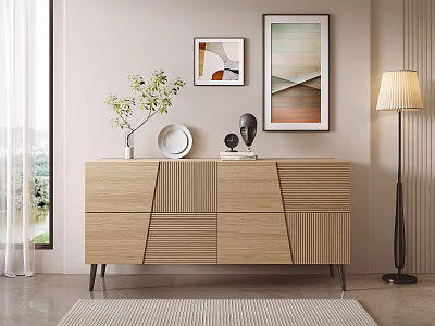 Modern Light Wood Sideboard with Geometric Patterns Green Plant and Abstract Wall Art 3d model