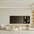 Modern Dining and Living Room Interior With White Cabinets Sofa TV Stand and Dining Chairs