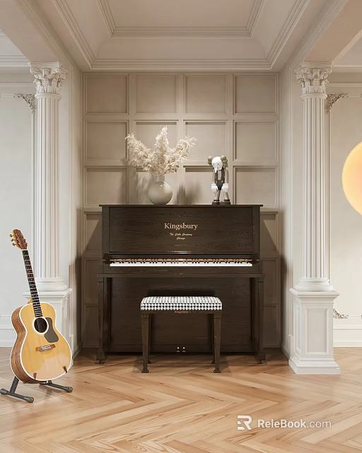 Musical Instruments Piano And Guitar With White Paneled Walls Columns Flowers And Checkered Stool 3d model 