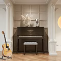 Musical Instruments Piano And Guitar With White Paneled Walls Columns Flowers And Checkered Stool