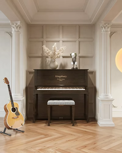 Musical Instruments Piano And Guitar With White Paneled Walls Columns Flowers And Checkered Stool 3d model