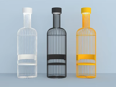 Birdcage Shaped Single Chair in White Black Yellow with Light Blue Background 3d model