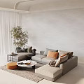 Modern Beige Sectional Sofa Coffee Table Set With Round Table Ottoman And Throw Pillows 3d model