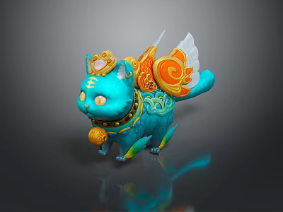 Vibrant Blue Decorative Cat Figurine With Golden Wings Ornate Patterns And Bell Accents 3d model