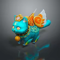 Vibrant Blue Decorative Cat Figurine With Golden Wings Ornate Patterns And Bell Accents