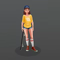 Skater Girl in Blue Cap Yellow T-shirt Blue Shorts White Socks Red Shoes Holding Skateboard