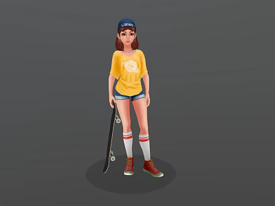 Skater Girl in Blue Cap Yellow T-shirt Blue Shorts White Socks Red Shoes Holding Skateboard 3d model