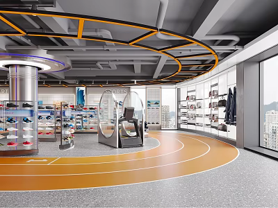 Modern Retail Store Interior With Display Shelves Shoes Clothing Circular Orange Floor And Ceiling Lines 3d model
