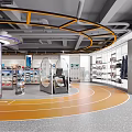 Modern Retail Store Interior With Display Shelves Shoes Clothing Circular Orange Floor And Ceiling Lines