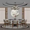 Elegant Chinese Restaurant Interior Featuring Circular Painting Wooden Lattice Chandelier And Round Dining Table