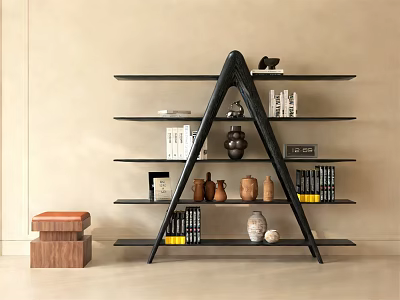 Modern Triangular Frame Bookshelf With Decorative Items Vases And Books Near Wooden Stool 3d model