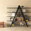 Modern Triangular Frame Bookshelf With Decorative Items Vases And Books Near Wooden Stool