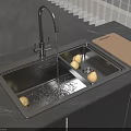 Stainless Steel Kitchen Sink With Running Water Faucet Yellow Potatoes And Cutting Board