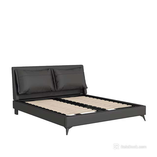 Black Double Bed With Modern Headboard Two Pillows Wooden Slat Base And Metal Legs 3d model 