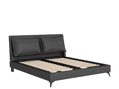 Black Double Bed With Modern Headboard Two Pillows Wooden Slat Base And Metal Legs 3d model