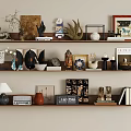 Stylish Home Decor Ornaments Set On Wooden Shelves With Figurines Frames Vases And Books